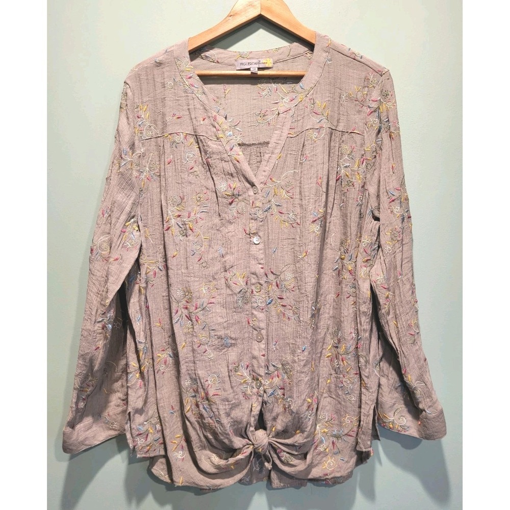 Figueroa & Flower Gray Pastel Embroidered Lightweight Button Up Tunic Top Sz 3X